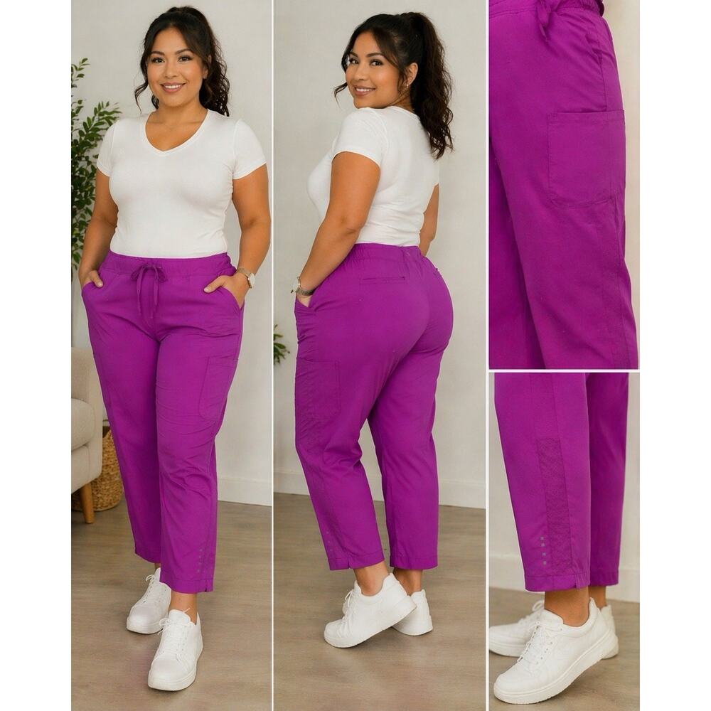 Barco One Scrub Pants 2X Petite Magenta Drawstring Cargo Stretch Medical Comfort